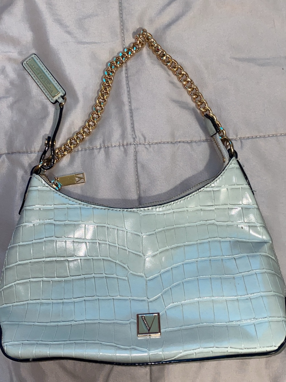 Light Blue Croc-Embossed Shoulder Bag with Gold Chain